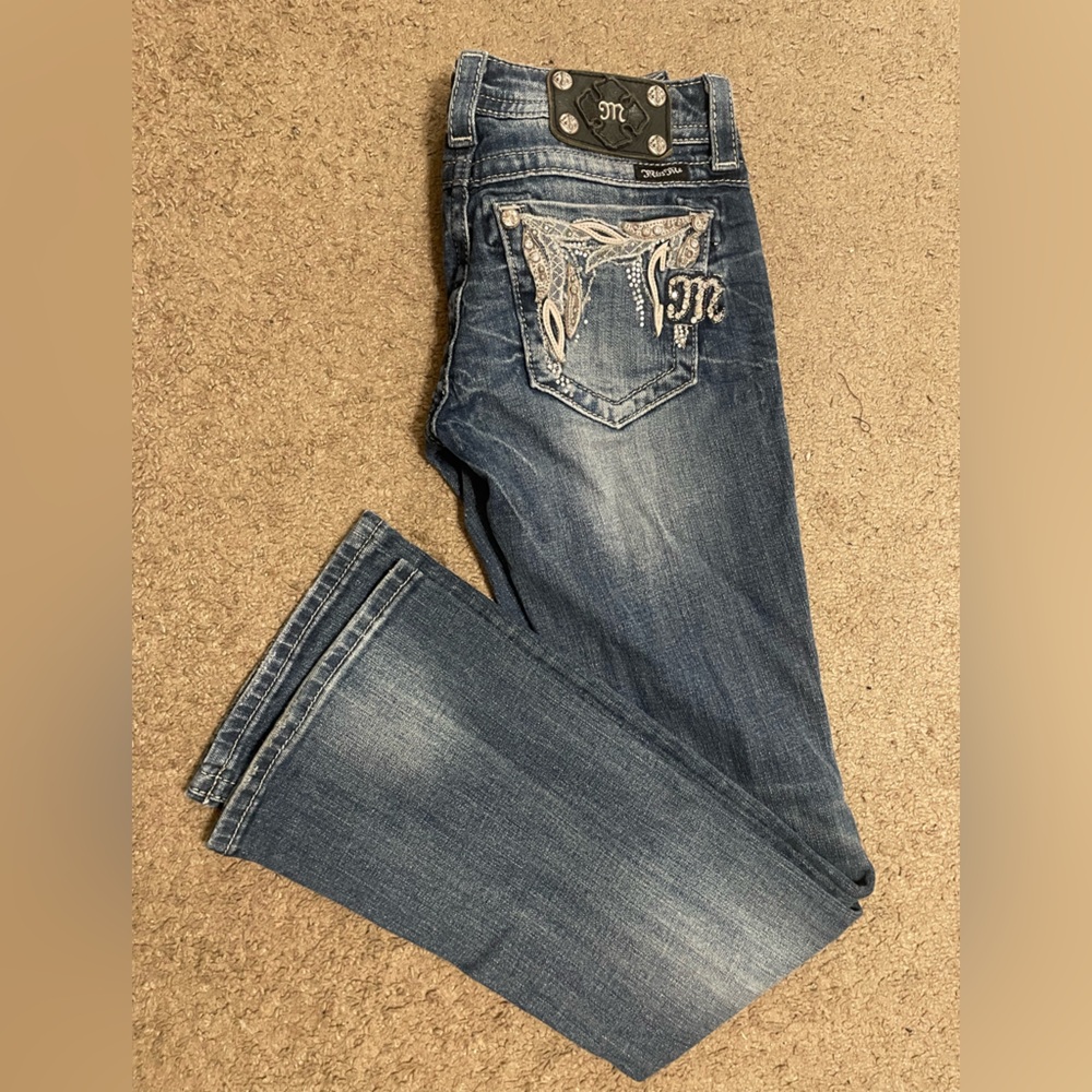 Miss Me Buckle Boot Cut Denim Washed Jeans Embellished Crystal Pockets